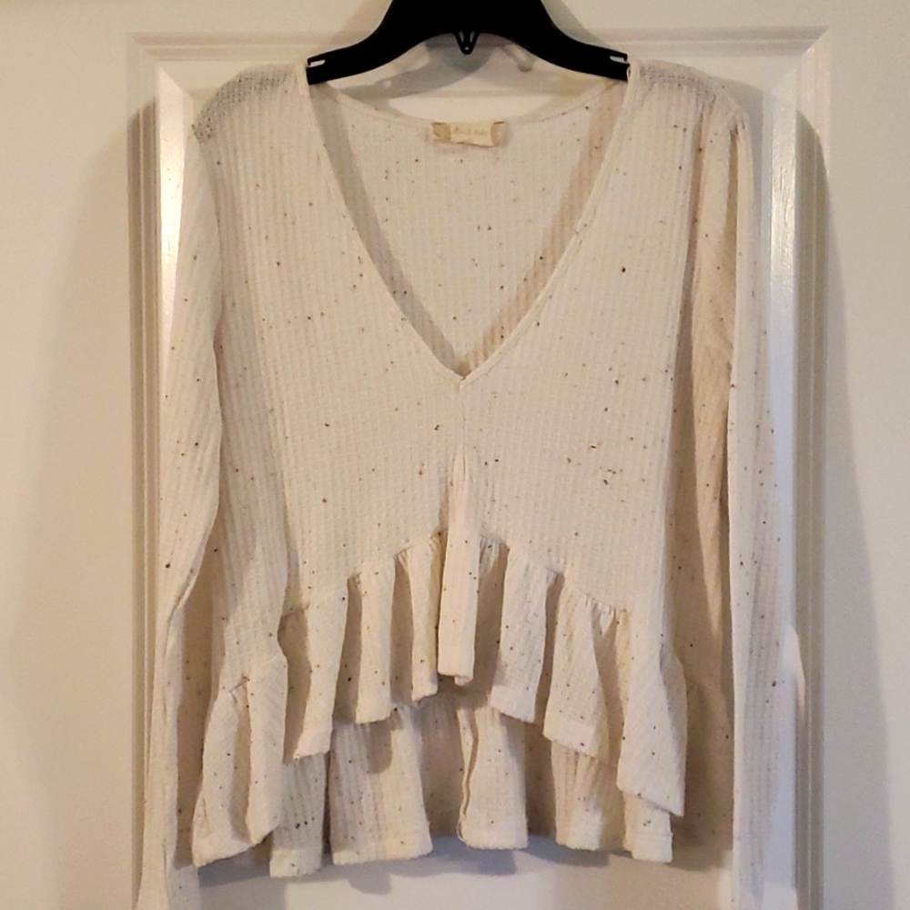 Altar'd State Cream Speckled Ruffle Hem V-Neck Blouse